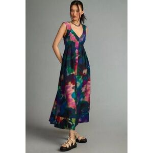 Anthropologie Tie Dye Printed V-Neck Pleated A-Line Dress Sz Large